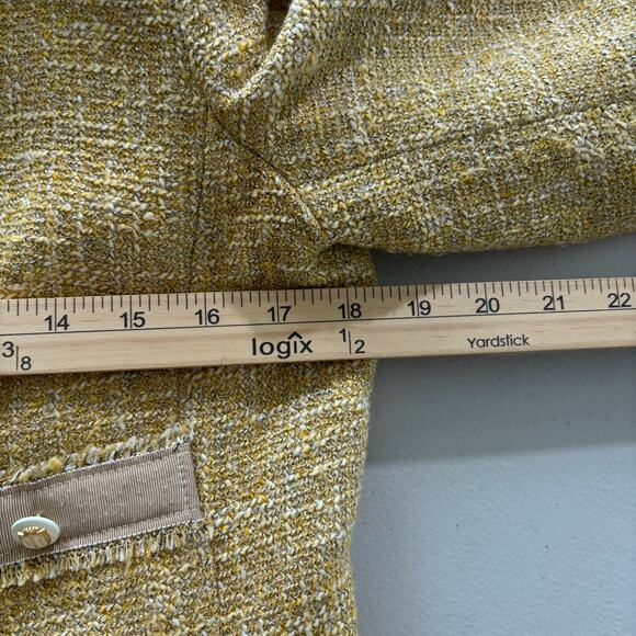 Talbots Women Size 10 Gold Fringe Tweed Pocket Cropped Metal Crest Button Blazer - Picture 5 of 10